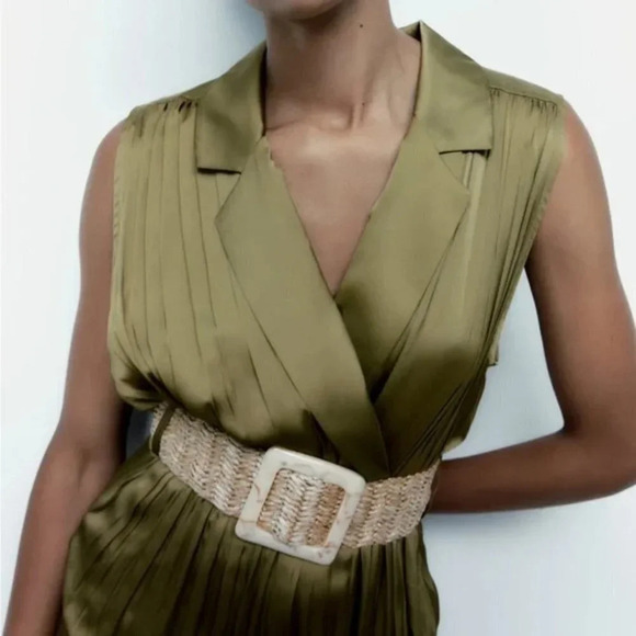 Zara Satin Effect Jumpsuit With  Belt in Olive Green NWT Size Small - Picture 3 of 12
